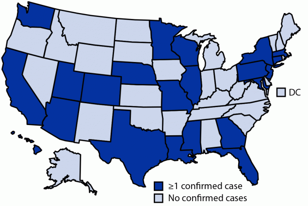 SARS-CoV-2 B.1.1.529 (Omicron) Variant — United States, December 1–8, 2021 The figure is a map showing states reporting at least one confirmed SARS-CoV-2 B.1.1.529 (Omicron) variant COVID-19 case in the United States during December 1–8, 2021.