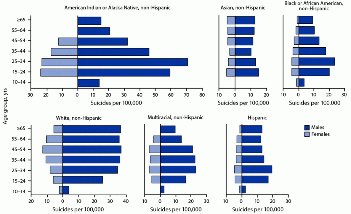Changes in Suicide Rates — United States, 2019 and 2020 Figure shows the crude rate of suicide, stratified by race and ethnicity, sex, and age group in the United States during 2019–2020 with data from the National Vital Statistics System.