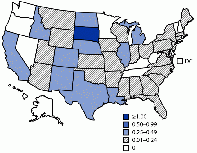 West Nile Virus and Other Domestic Nationally Notifiable Arboviral Diseases — United States, 2020 The figure is a map of the United States showing incidence of reported cases of neuroinvasive West Nile virus disease in 2020.