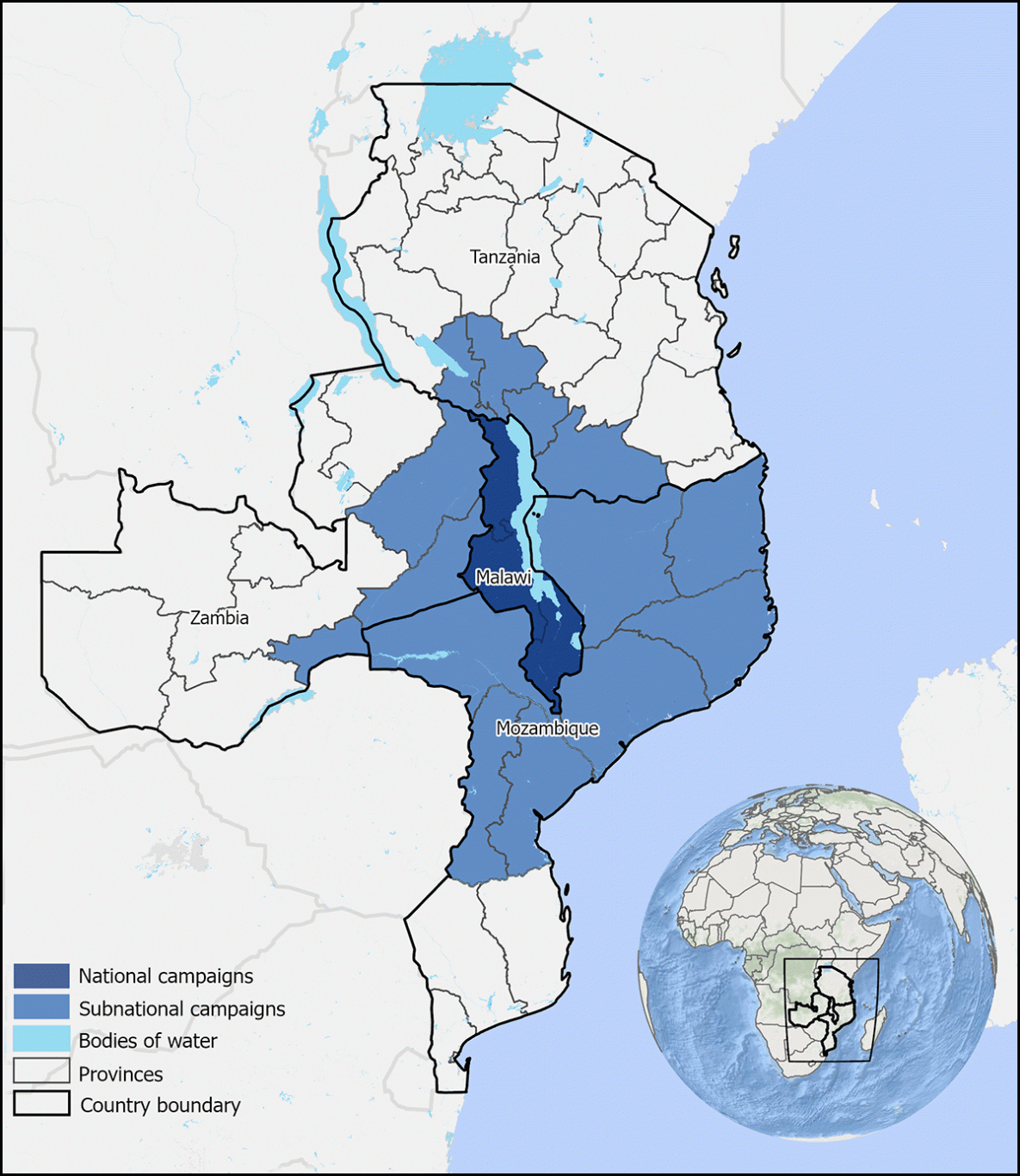 Notes from the Field: Initial Outbreak Response Activity Following Wild Poliovirus Type 1 Detection — Malawi, February 2022 Figure is a map of Malawi and its surrounding countries (Mozambique, Tanzania, and Zambia) showing where national and subnational campaigns took place.
