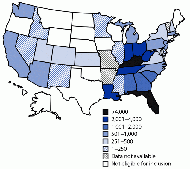 Widespread Hepatitis A Outbreaks Associated with Person-to-Person Transmission — United States, 2016–2020 The figure is a map of the United States showing cumulative outbreak-associated hepatitis A cases reported, by state during August 1, 2016–December 31, 2020.