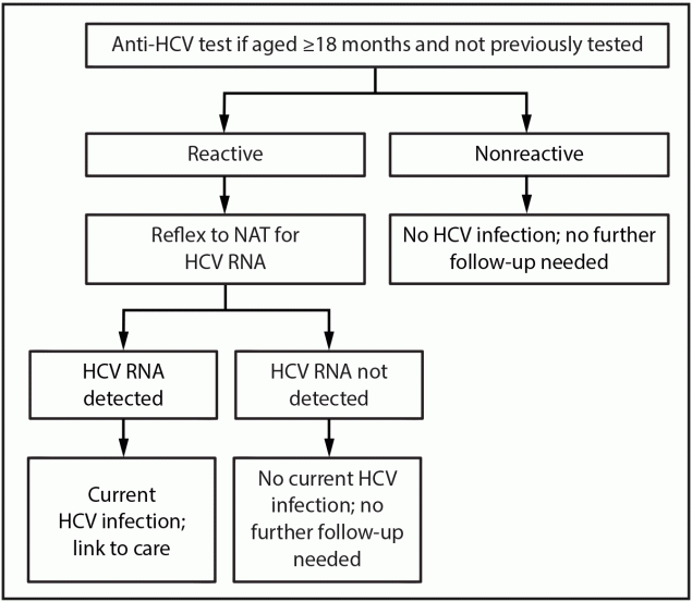 CDC Recommendations for Hepatitis C Testing Among Perinatally Exposed Infants and Children — United States, 2023 Figure is a flowchart illustrating the alternative algorithm for hepatitis C virus testing of perinatally exposed children aged ≥18 months who have not previously been tested in the United States in 2023.