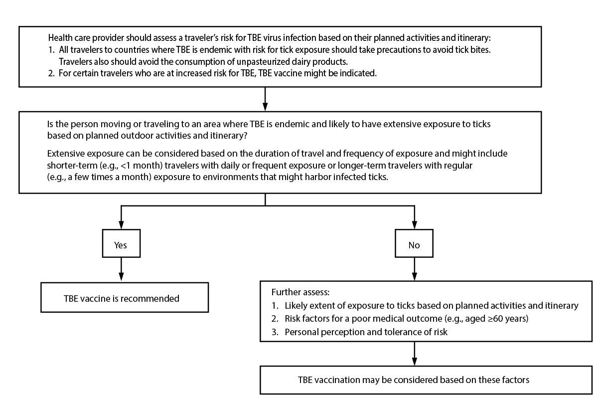 Tick-Borne Encephalitis Vaccine: Recommendations of the Advisory Committee on Immunization Practices, United States, 2023 A flow chart is illustrated to aid health care providers in making decisions to recommend tick-borne encephalitis vaccine for U.S. travelers to areas where the disease is endemic.