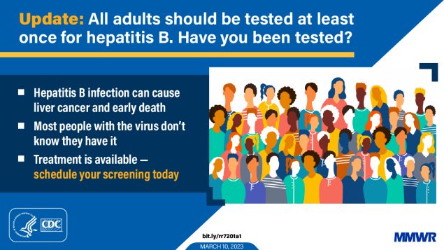 Screening and Testing for Hepatitis B Virus Infection: CDC Recommendations — United States, 2023 The figure is an illustration of a diverse group of people. The text reads, “Update: All adults should be tested at least once for hepatitis B. Have you been test? Hepatitis B infection can cause liver cancer and early death. Post people with the virus don’t know they have it. Treatment is available – schedule your screening today.”