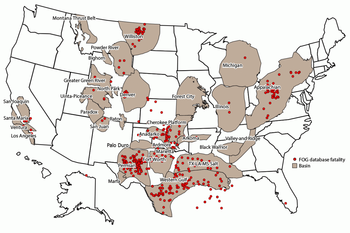 Fatalities in Oil and Gas Extraction Database, an Industry-Specific Worker Fatality Surveillance System — United States, 2014–2019 Figure is a map of the United States showing oil and gas basins and oil and gas extraction worker fatalities from the Fatalities in Oil and Gas Extraction database during 2014–2019.