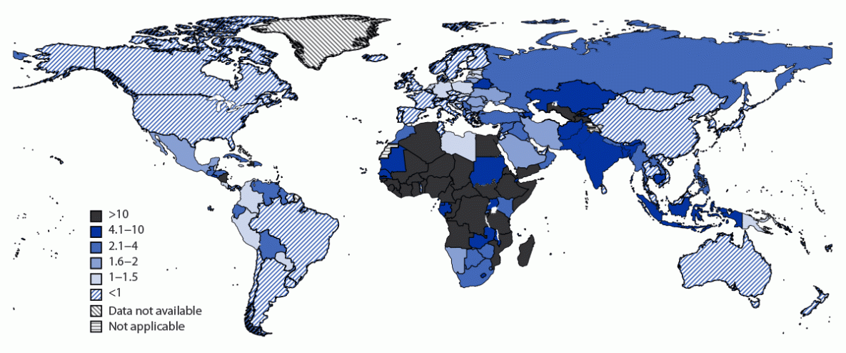 COVID-19 Mortality and Progress Toward Vaccinating Older Adults — World Health Organization, Worldwide, 2020–2022 The figure is a map showing the ratio of excess COVID-19 mortality estimates in relation to number of reported deaths worldwide.