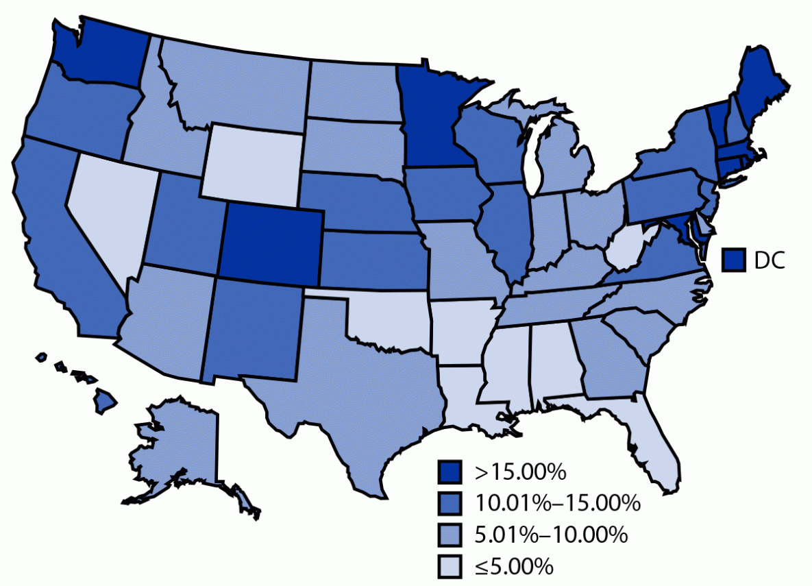 COVID-19 Vaccination Coverage and Demographic Characteristics of Infants and Children Aged 6 Months–4 Years — United States, June 20–December 31, 2022 The figure is a map showing the percentage of children aged 6 months–4 years who received ≥1 dose of a COVID-19 vaccination series, by jurisdiction in the United States during June 20–December 31, 2022.