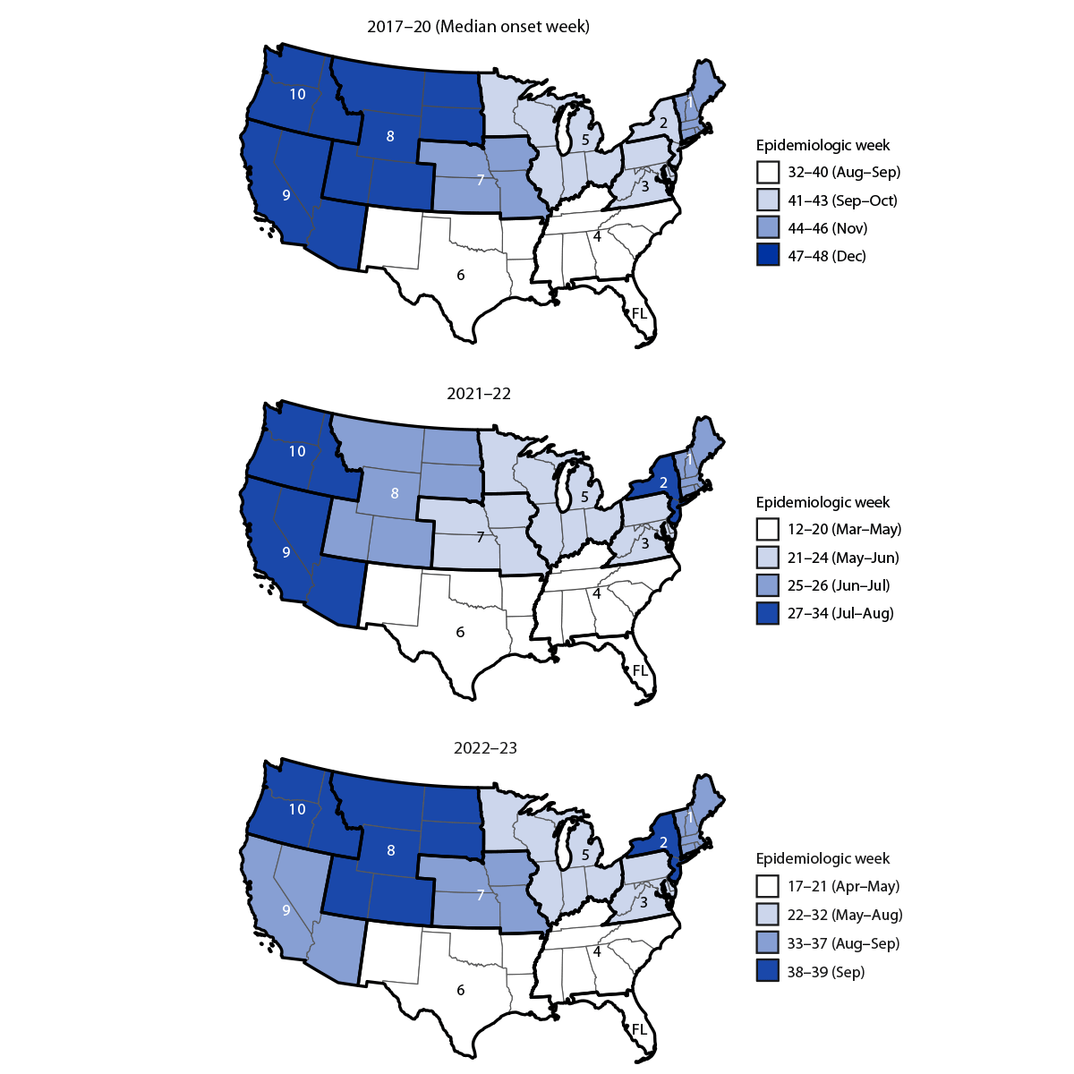 Seasonality of Respiratory Syncytial Virus — United States, 2017–2023 The figure is a set of three maps showing respiratory syncytial virus epidemic onsets, by U.S. Department of Health and Human Services Regions 1–10 and in Florida, in the United States, during July 2017–February 2023 according to the National Respiratory and Enteric Virus Surveillance System.