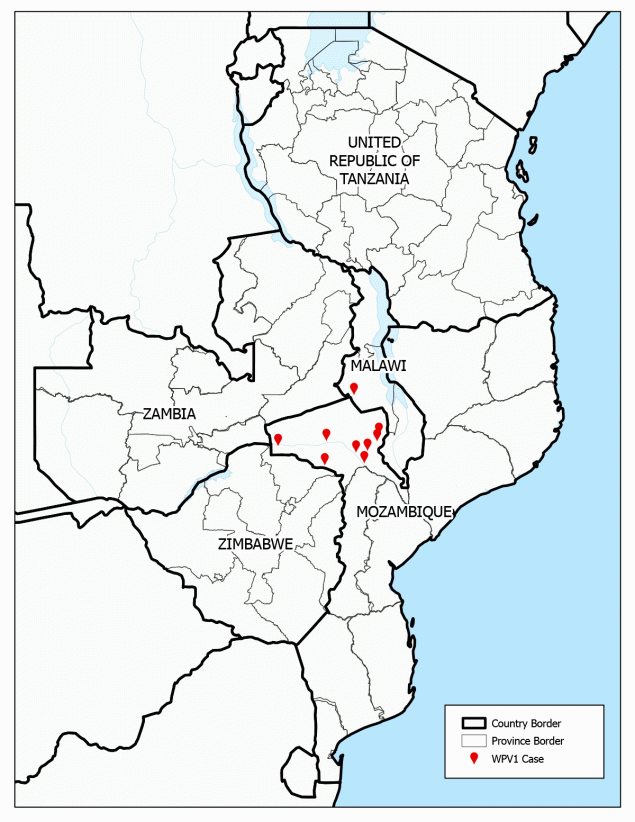 Update on Wild Poliovirus Type 1 Outbreak — Southeastern Africa, 2021–2022 The figure is a map of the location of wild poliovirus type 1 cases during 2021–2022 and the five outbreak response countries in southeastern Africa.