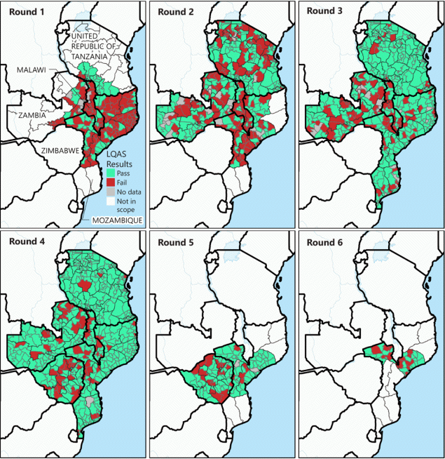Update on Wild Poliovirus Type 1 Outbreak — Southeastern Africa, 2021–2022 The figure includes six maps showing the bivalent oral poliovirus vaccine supplementary immunization activity quality as assessed by six lot quality assurance sampling surveys, by supplementary immunization activity and district in five outbreak response countries in southeastern Africa during 2022.
