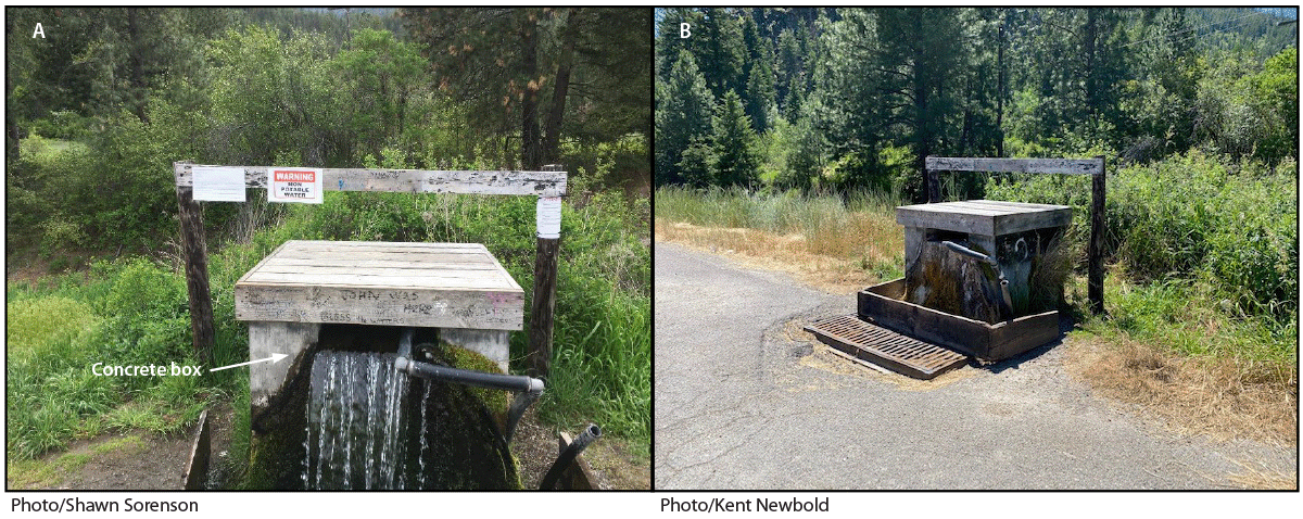 Notes From the Field: Campylobacteriosis Outbreak Associated with Consumption of Raw Water — Montana, 2022 The figure consists of two photos showing watering point A, before any intervention and after the water supply was permanently turned off.