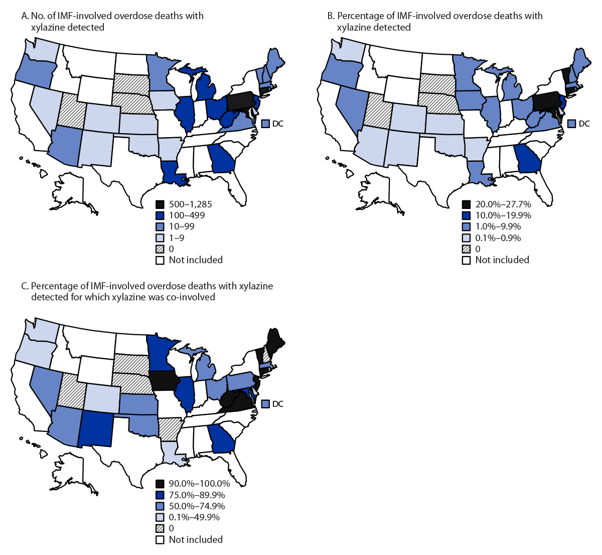 Illicitly Manufactured Fentanyl–Involved Overdose Deaths with Detected Xylazine — United States, January 2019–June 2022 The figure is three U.S. maps indicating the number and percentage of drug overdose deaths involving illicitly manufactured fentanyls, by xylazine detection or co-involvement according to data from the State Unintentional Drug Overdose Reporting System in 31 states and District of Columbia during January 2021–June 2022.
