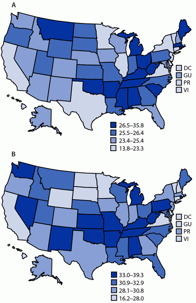 Arthritis Prevalence Among Veterans — United States, 2017–2021 The figure is two U.S. maps that show state-specific, age-standardized estimated arthritis prevalence (quartiles) among male veterans and female veterans, according to data from the Behavioral Risk Factor Surveillance System during 2017–2021.