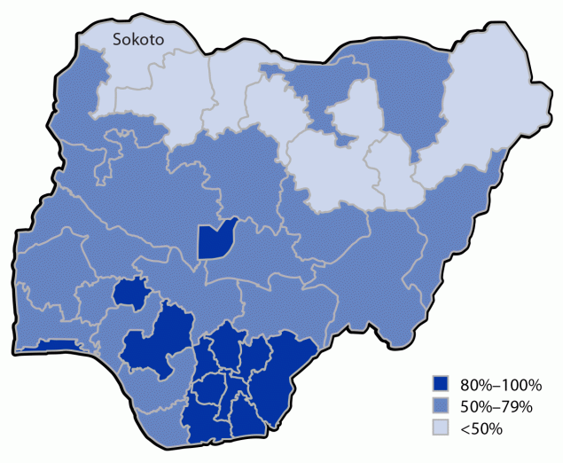 Notes from the Field: House-to-House Campaign Administration of Inactivated Poliovirus Vaccine — Sokoto State, Nigeria, November 2022 The figure is a map of Nigeria, indicating inactivated poliovirus vaccine 1-dose coverage, by state, according to the National Immunization Coverage Survey and Multiple Indicator Cluster Survey in 2021.