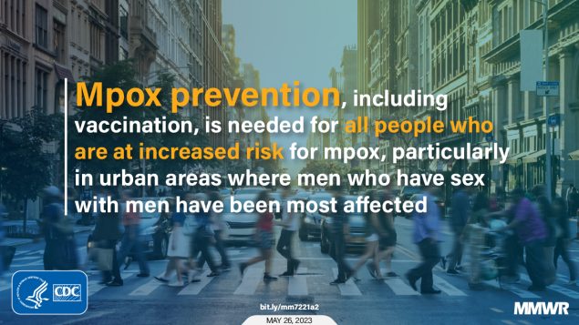 Urban and Rural Mpox Incidence Among Persons Aged 15–64 Years — United States, May 10–December 31, 2022 This figure is a photo of a busy city crosswalk with text about mpox prevention.