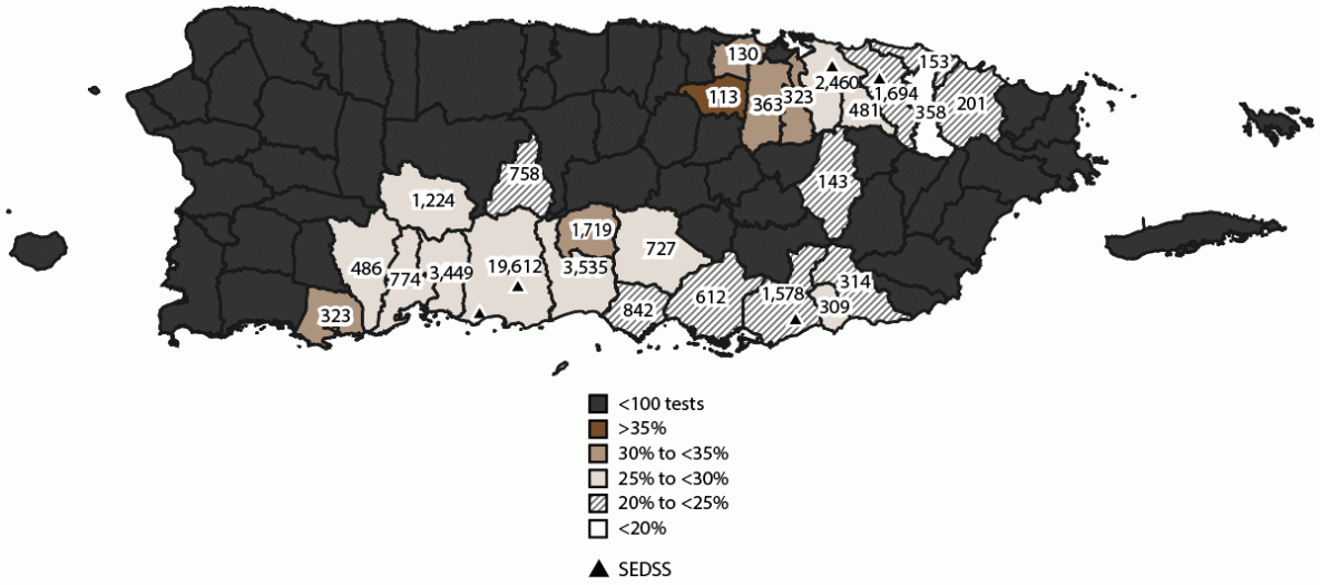 Sentinel Enhanced Dengue Surveillance System — Puerto Rico, 2012–2022 The figure is a map of Puerto Rico that illustrates the number and proportion of acute febrile illness cases with participants testing positive for any acute respiratory virus during 2012–2022, by municipality. The data are from the Sentinel Enhanced Dengue Surveillance System.