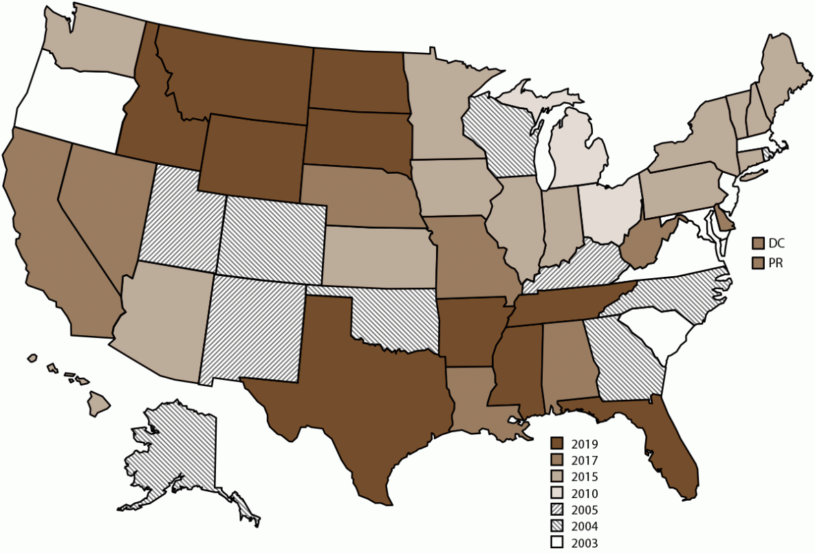 Surveillance for Violent Deaths — National Violent Death Reporting System, 48 States, the District of Columbia, and Puerto Rico, 2021 The figure is a map of the United States showing the states participating in the National Violent Death Reporting System, by year of initial data collection during 2003–2021.