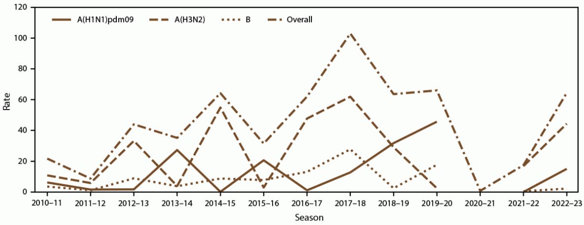 Figure illustrates the laboratory-confirmed influenza-associated hospitalization rates overall and by season and influenza type and subtype for the 2010–11 through 2022–23 influenza seasons in the United States. Data source is the Influenza Hospitalization Surveillance Network.