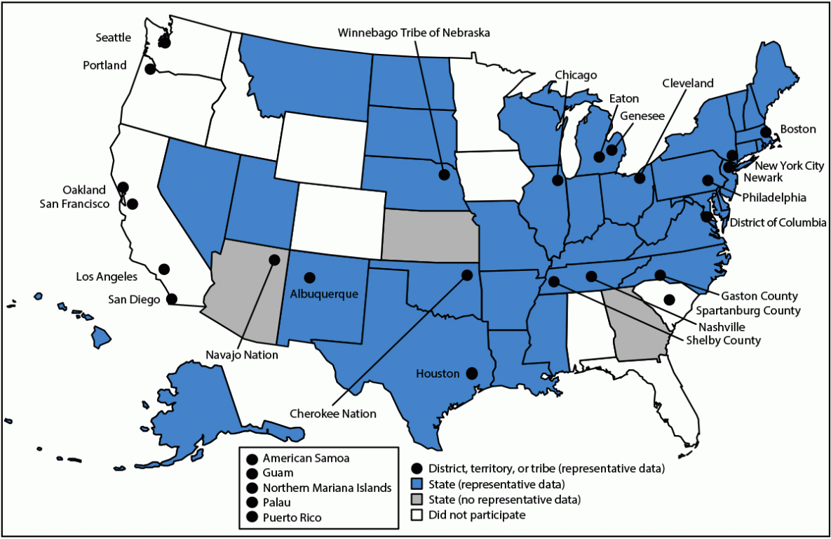 Overview and Methods for the Youth Risk Behavior Surveillance System — United States, 2023 Figure is a map of the United States indicating the sites of state, tribal government, territorial, and local school district Youth Risk Behavior Surveys for 2023.