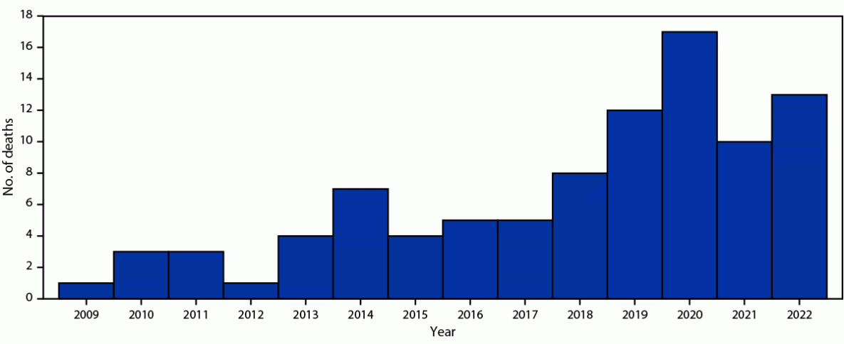 Deaths of U.S. Citizens Undergoing Cosmetic Surgery — Dominican Republic, 2009–2022 The figure is a histogram showing perioperative cosmetic surgery-related deaths among U.S. citizens, by year, in the Dominican Republic during 2009–2022.