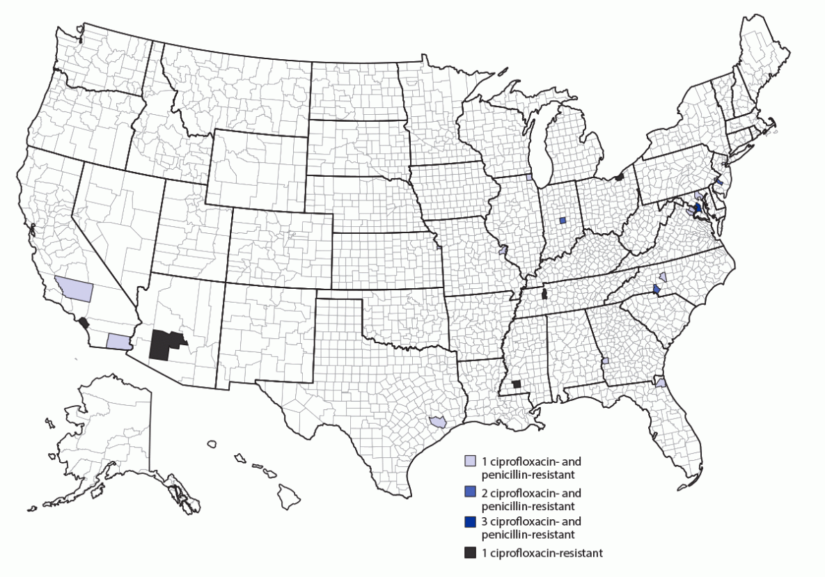 Selection of Antibiotics as Prophylaxis for Close Contacts of Patients with Meningococcal Disease in Areas with Ciprofloxacin Resistance — United States, 2024 The figure is a map of invasive meningococcal disease cases caused by ciprofloxacin-resistant or ciprofloxacin- and penicillin-resistant Neisseria meningitidis strains, by county in the United States during 2019–2021.