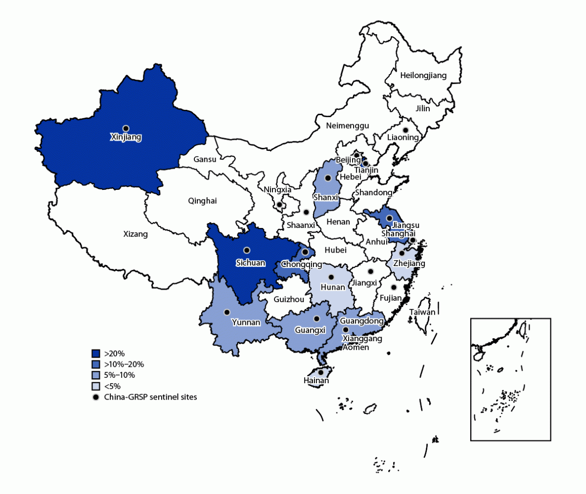 Ceftriaxone-Resistant Gonorrhea — China, 2022 The figure is a map of China showing the reported rates of ceftriaxone resistance from 13 Gonococcal Resistance Surveillance Program sentinel sites in 2022.