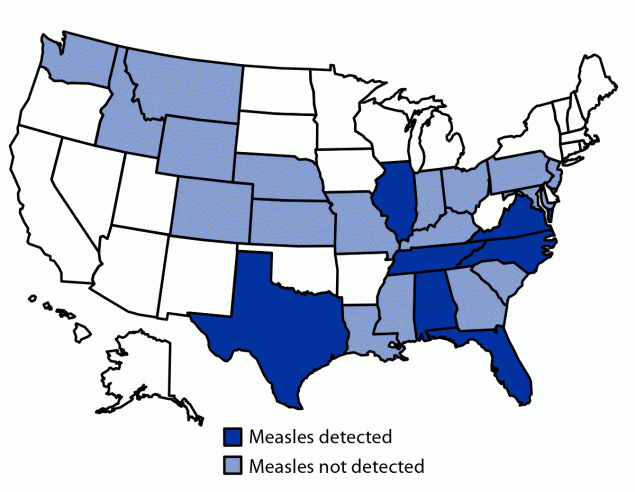 Implications of Measles Inclusion by Commercial Syndromic Polymerase Chain Reaction Panels — United States, May 2022–April 2023 The figure is a map that shows syndromic polymerase chain reaction panel use and measles detections (N = 17), by state, in the United States during May 2022–April 2023.