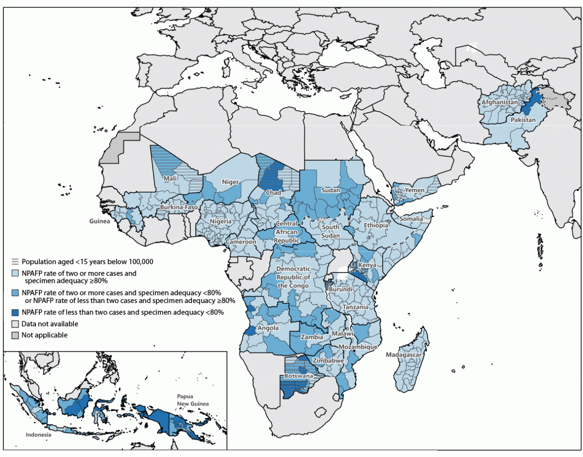 Surveillance To Track Progress Toward Polio Eradication — Worldwide, 2022–2023 The figure is a map of the African, Eastern Mediterranean, South-East Asia, and Western Pacific World Health Organization regions showing the combined performance indicators for the quality of acute flaccid paralysis surveillance in subnational areas of 28 priority countries.