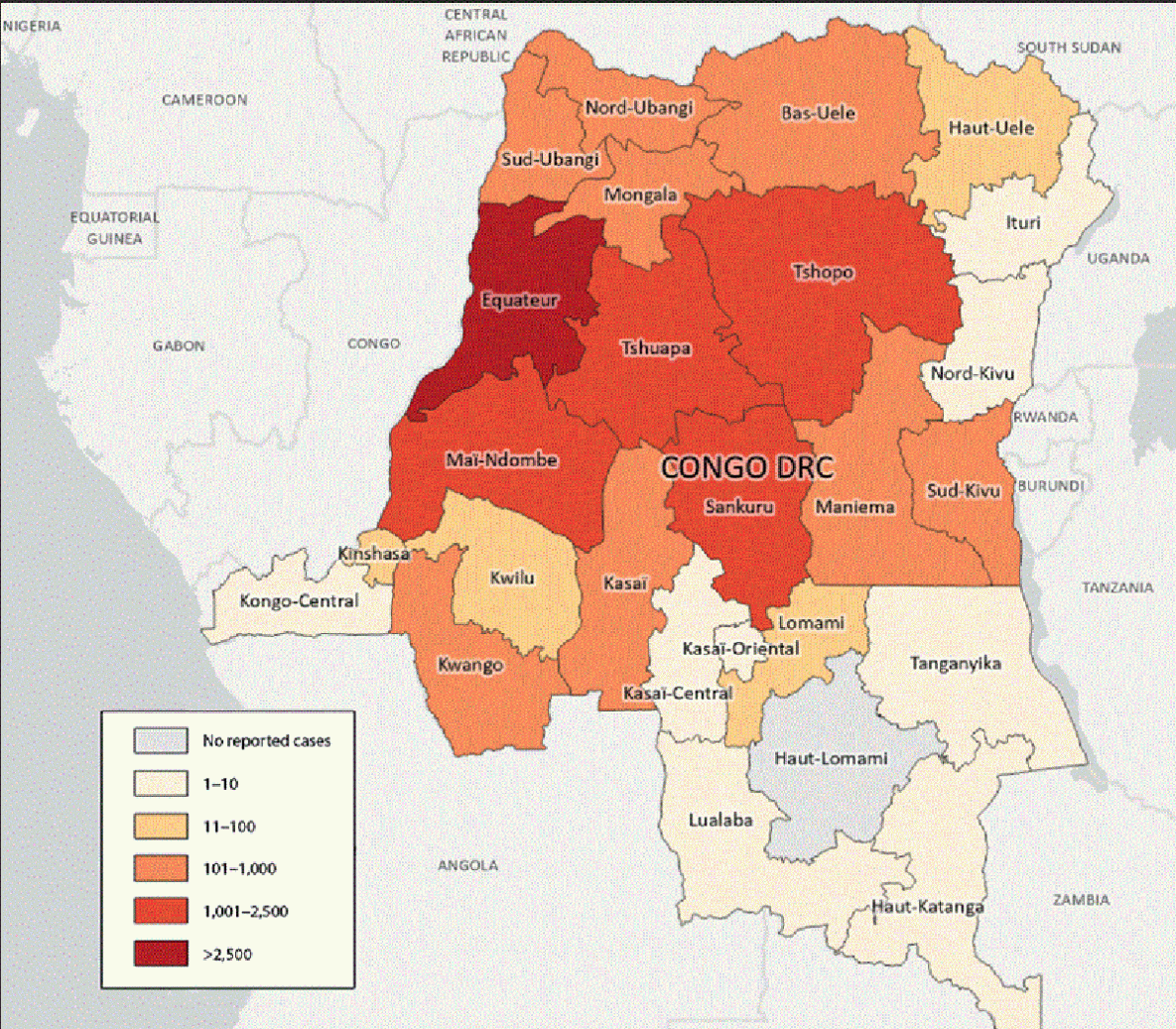 U.S. Preparedness and Response to Increasing Clade I Mpox Cases in the Democratic Republic of the Congo — United States, 2024 The figure is a map of the Democratic Republic of the Congo illustrating the number of suspected clade I mpox cases, by province, during January 1, 2023–April 14, 2024.