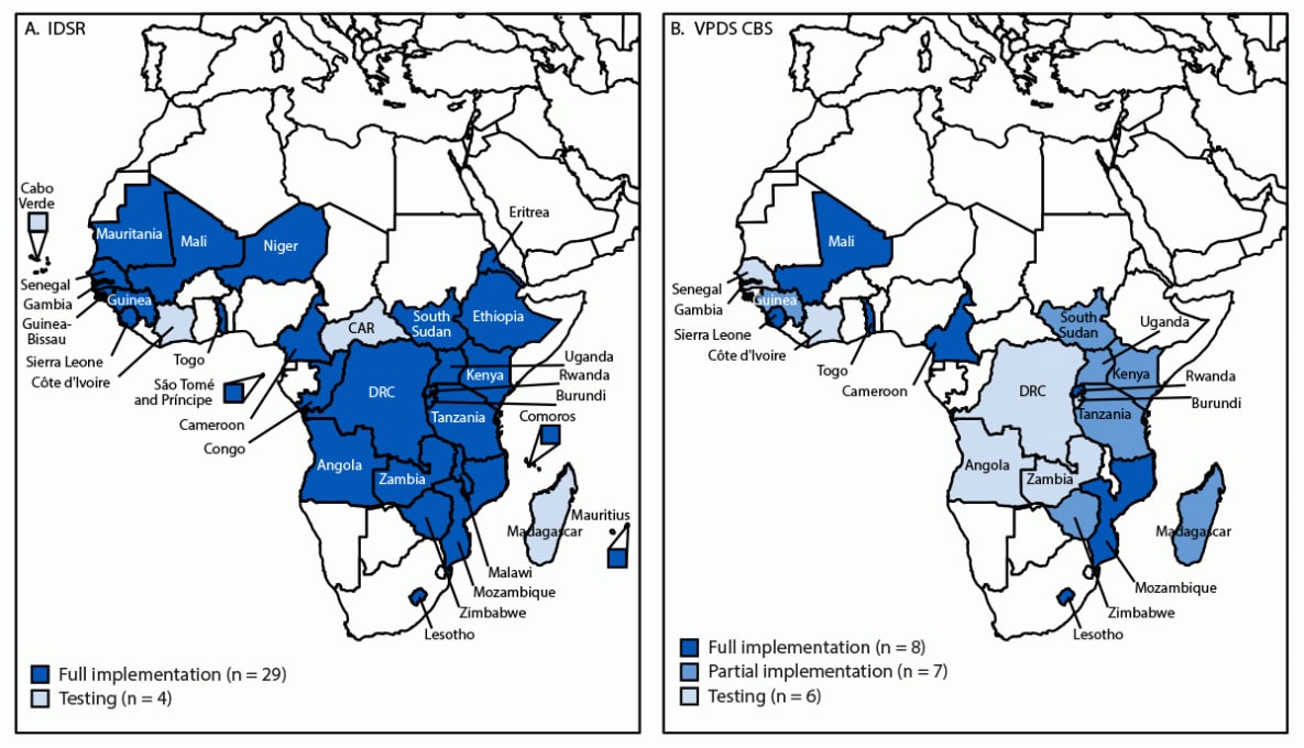 The figure comprises two maps of the World Health Organization African Region, one indicating the status of Integrated Disease Surveillance and Response, and the other indicating the status of vaccine-preventable disease case-based surveillance District Health Information Software 2 implementation, by country during 2019–2023.