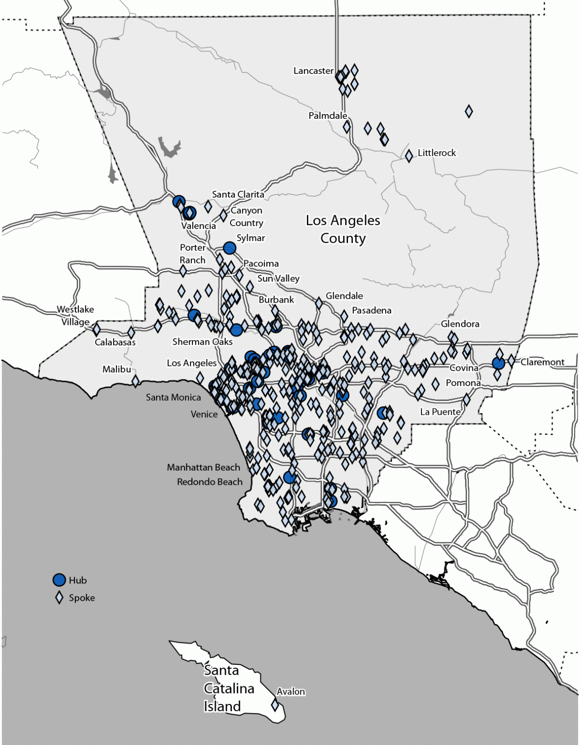 The figure is a map illustrating tecovirimat hub and spoke provider sites in Los Angeles County, California, during June 2022–January 2023.
