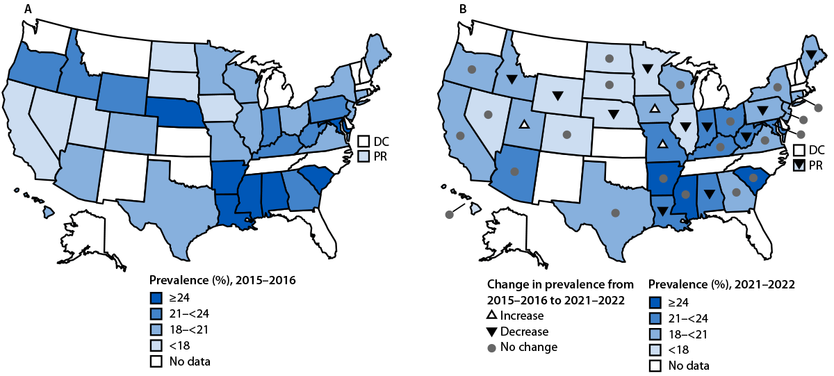 Changes in Health Indicators Among Caregivers — United States, 2015–2016 to 2021–2022 The figure comprises two U.S. maps indicating the prevalence of caregiving, and changes from 2015–2016 to 2021–2022 among adults in 35 states and Puerto Rico, using data from the Behavioral Risk Factor Surveillance System.