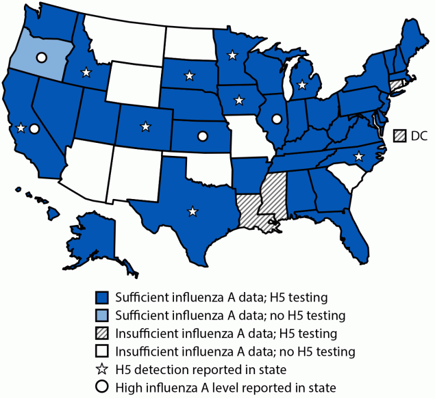 Wastewater Surveillance for Influenza A Virus and H5 Subtype Concurrent with the Highly Pathogenic Avian Influenza A(H5N1) Virus Outbreak in Cattle and Poultry and Associated Human Cases — United States, May 12–July 13, 2024 The figure is a map illustrating influenza A virus and H5 subtype testing in wastewater and sites with high levels of influenza A virus or H5 detections reported to CDC, in the United States during May 12–July 13, 2024.