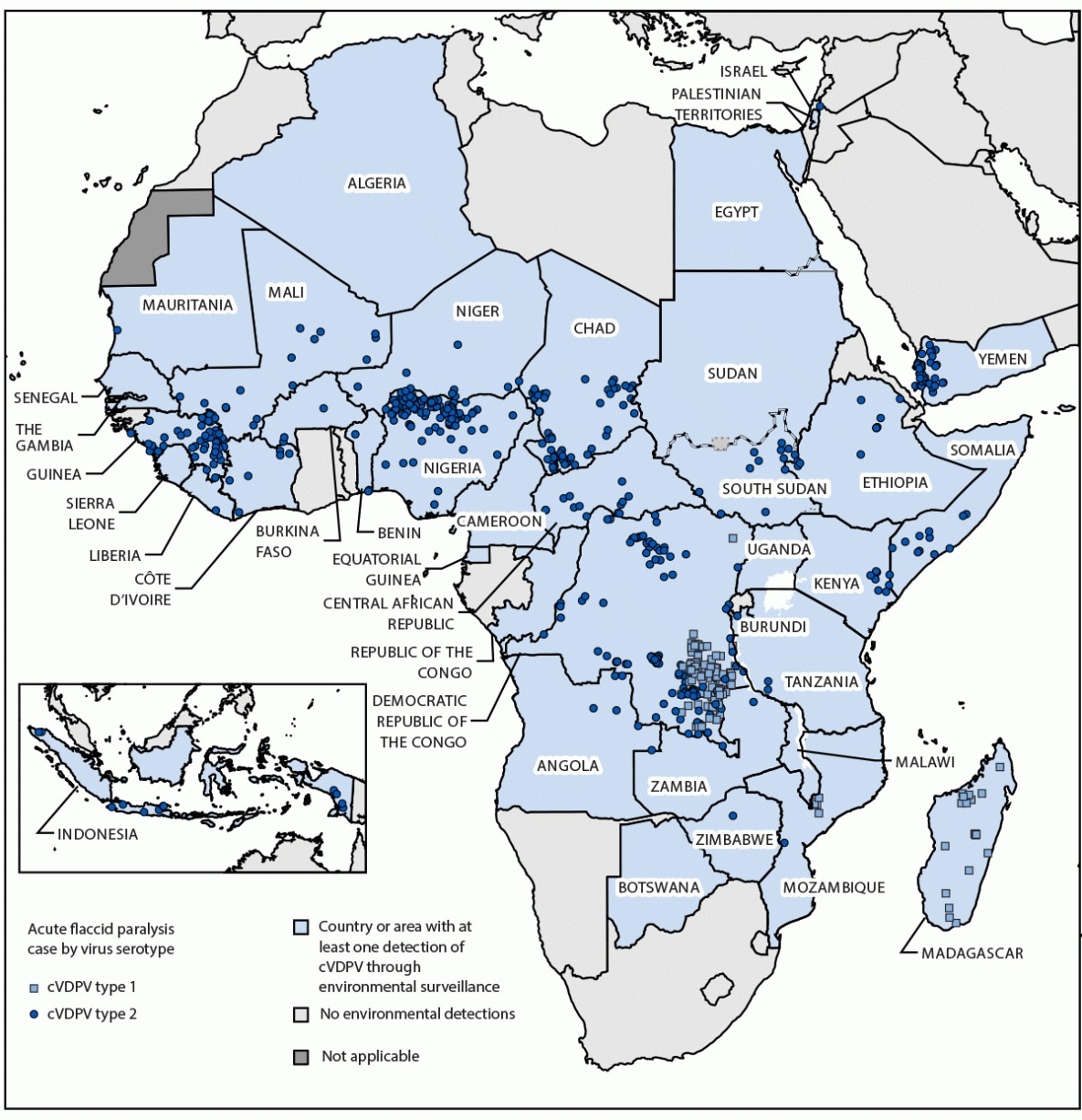Update on Vaccine-Derived Poliovirus Outbreaks — Worldwide, January 2023–June 2024 The figure is a map depicting 39 countries and areas worldwide, reporting circulating vaccine-derived polio outbreaks during January 2023–June 2024.