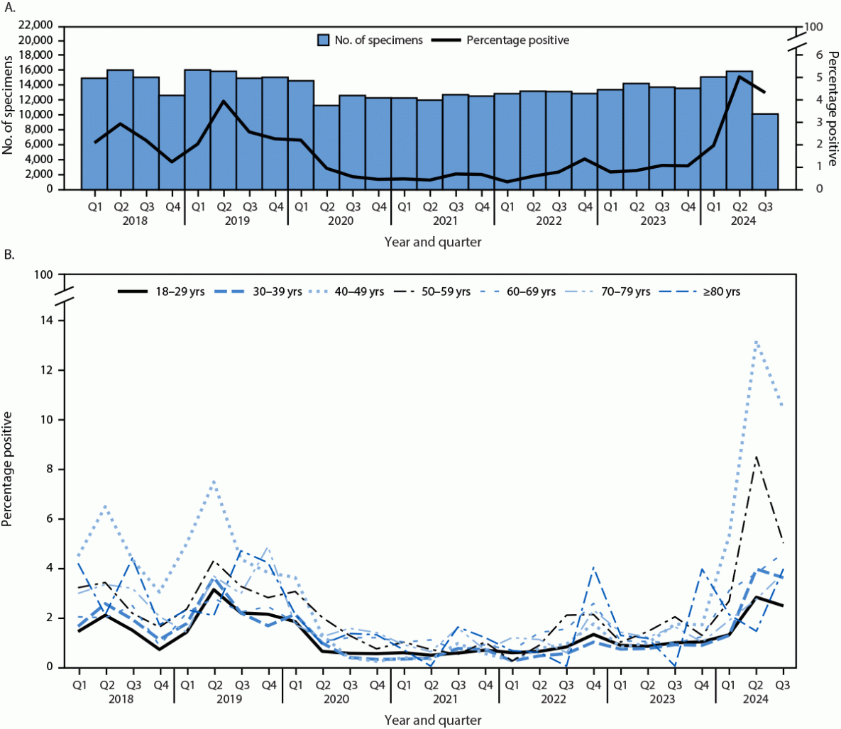 The figure is a histogram illustrating the number of clinical human parvovirus B19 specimens tested for immunoglobulin M and a line graph illustrating the percentage of positive test results among children and adolescents aged <18 years, by quarter, and the percentage of positive test results, by age group and quarter in the United States during 2018–2024.