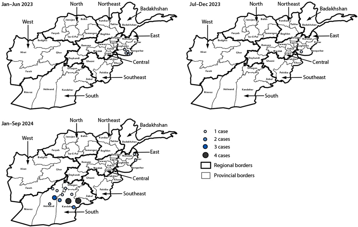 Figure is a map illustrating the reported cases of polio caused by wild poliovirus type 1 (N = 29), by region, province, and period in Afghanistan, during January 2023–September 2024.