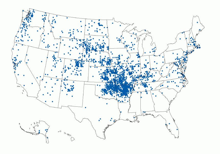 The figure is a map of the United States indicating reported tularemia cases, by county of residence during 2011–2022.