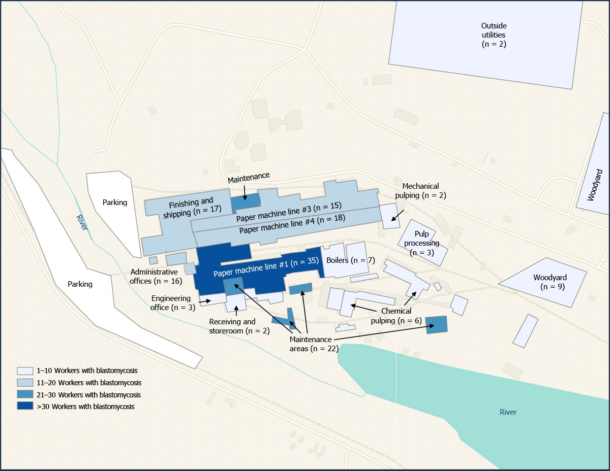 Outbreak of Blastomycosis Among Paper Mill Workers — Michigan, November 2022–May 2023 Figure is a map of the primary work location at the paper mill for 162 workers with blastomycosis in Michigan, during November 2022–May 2023.