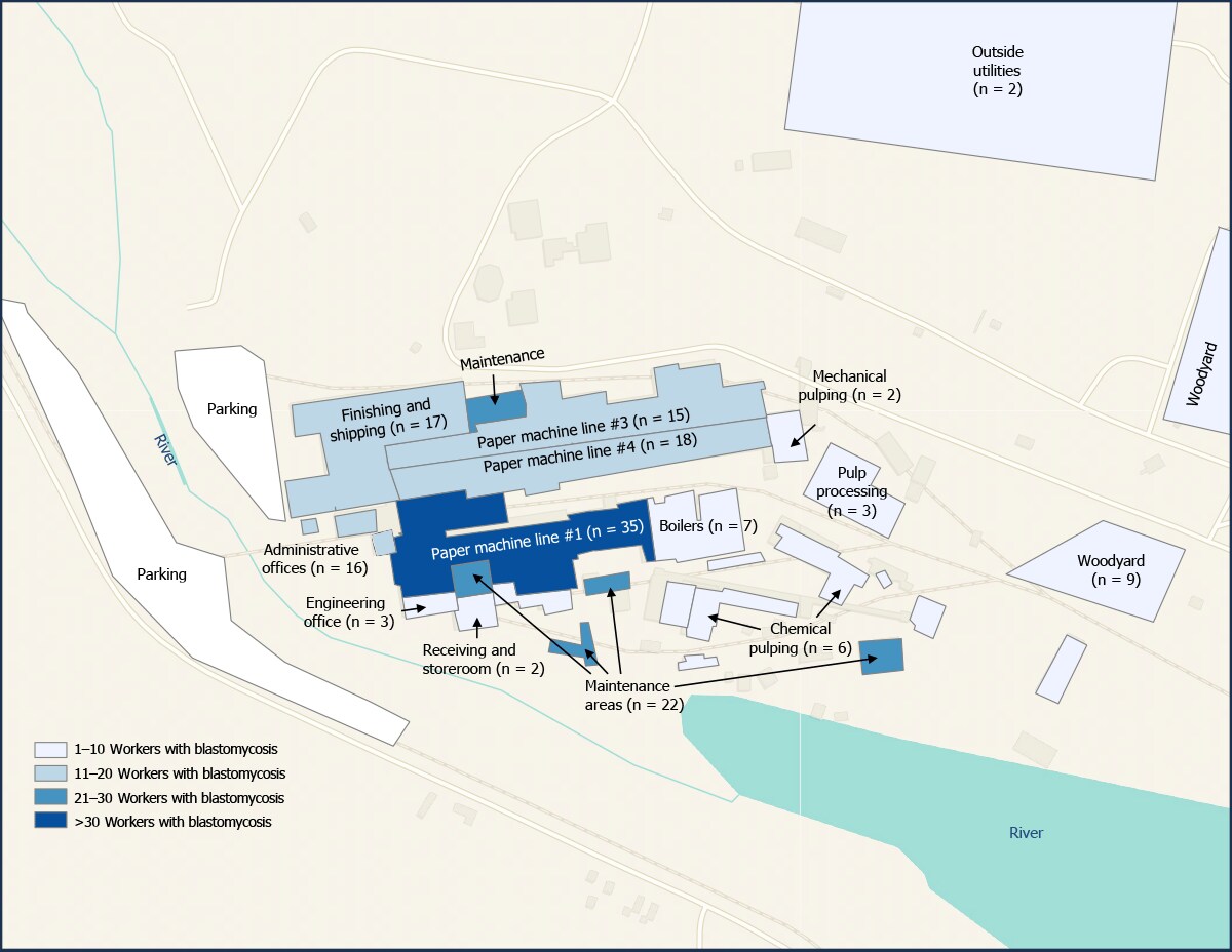 Figure is a map of the primary work location at the paper mill for 162 workers with blastomycosis in Michigan, during November 2022–May 2023.