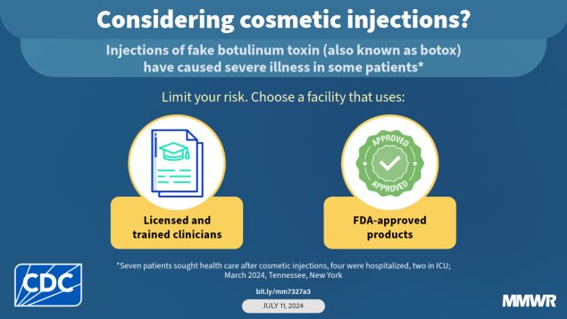 Notes from the Field: Illnesses After Administration of Presumed Counterfeit Botulinum Toxin in Nonmedical Settings — Tennessee and New York City, March 2024 The graphic shows an illustration of a certificate and an approval seal with text about getting cosmetic injections from licensed and trained clinicians using FDA-approved products.