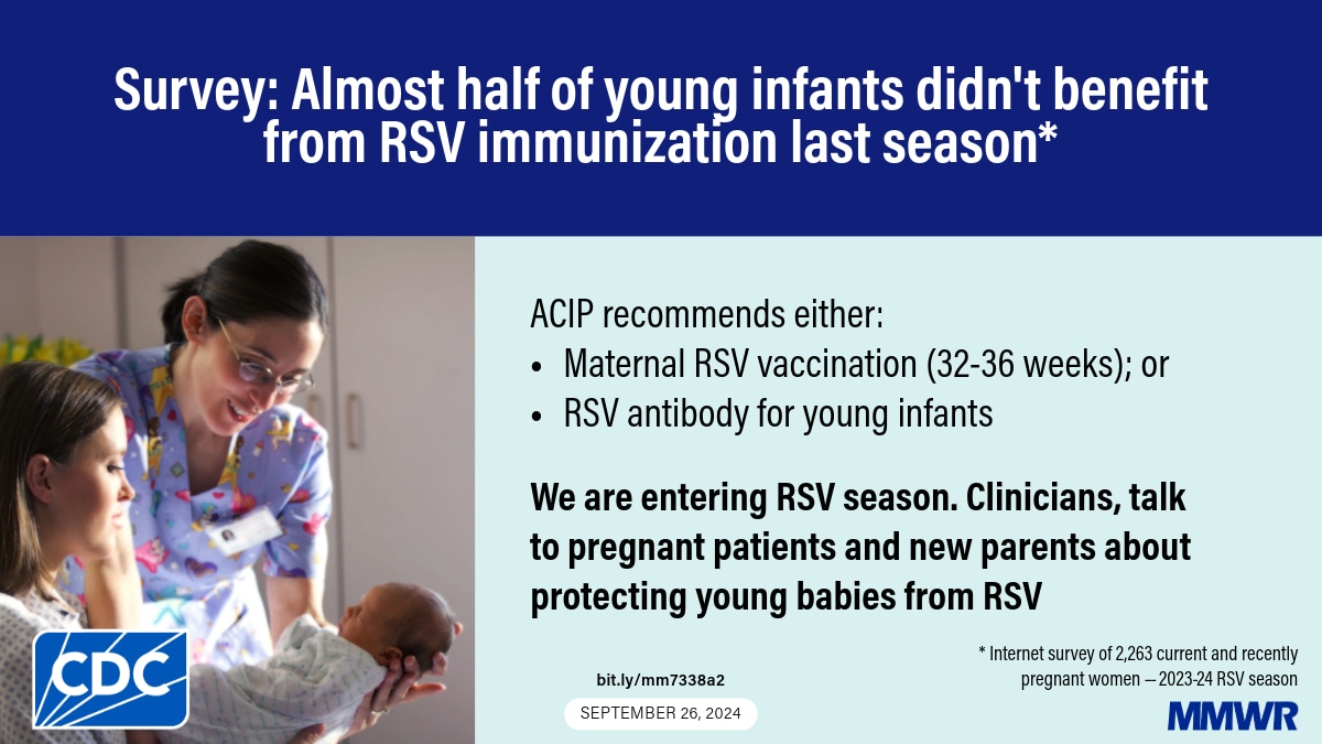 The image shows a clinician handing a newborn baby to a patient with text that reads, “Almost half of young infants didn’t benefit from RSV immunization last season.