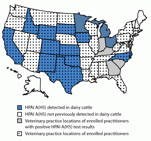 Notes from the Field: Seroprevalence of Highly Pathogenic Avian Influenza A(H5) Virus Infections Among Bovine Veterinary Practitioners — United States, September 2024 The figure is a map of the United States illustrating states with serosurvey-enrolled bovine veterinary practitioners and states reporting highly pathogenic avian influenza A(H5) infections in dairy cattle during September 2024.