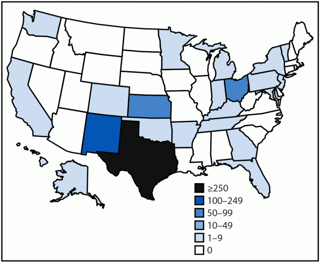 Measles Update — United States, January 1–April 10, 2025 The figure is a map of the United States illustrating the reported number of confirmed measles cases, by state, during January 1–April 17, 2025.