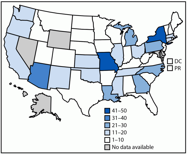 The figure is a map of the United States illustrating the reported number of cases of lead poisoning associated with consumption of recalled cinnamon-applesauce products packaged in pouches, by jurisdiction during November 2023–April 2024.