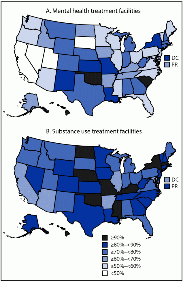 The figure comprises two U.S. maps indicating the percentage of behavioral health treatment facilities in 52 jurisdictions with a tobacco-free policy that offer at least one tobacco cessation service, by facility type, using data from the National Substance Use and Mental Health Services Survey, 2023.