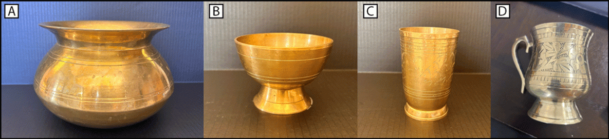 The figure is a set of four images showing kansa (bronze) and pital (brass) metalware used by three family members with elevated blood lead levels in New York City in 2024.