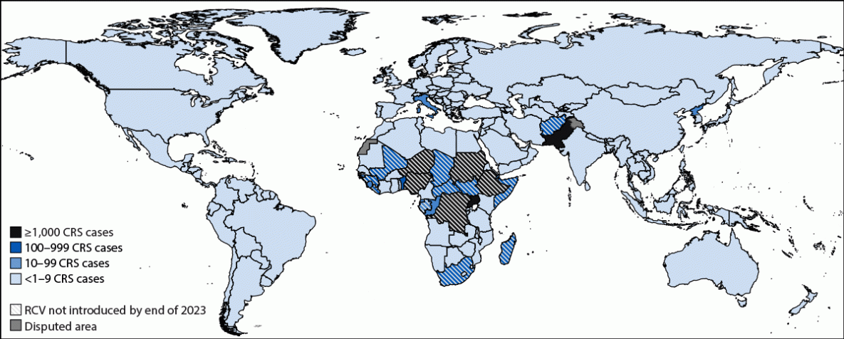 The figure is a world map depicting the estimated number of congenital rubella syndrome cases in 2019 and introduction of rubella-containing vaccine, by country in 2023.
