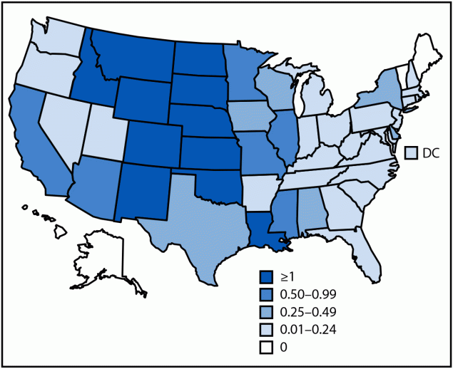 West Nile Virus and Other Nationally Notifiable Arboviral Diseases — United States, 2023 The figure is a map of the United States illustrating the incidence of confirmed and probable cases of neuroinvasive West Nile virus disease, by state, in the United States during 2023.