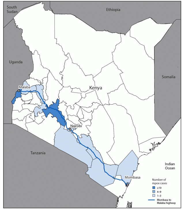Map of Kenya showing number of clade Ib mpox cases in Kenya reported by each county. A line drawn from Mombasa to Malaba represents the path of a commercial highway from one side of the country to another, from the Indian Ocean to the Ugandan border. The counties with cases are all concentrated along this Mombasa-Malaba highway.