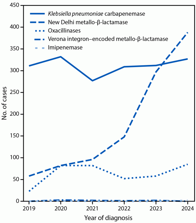 Notes from the Field: Increase in New Delhi Metallo-β-Lactamase–Producing Carbapenem-Resistant Enterobacterales — New York City, 2019–2024 The figure is a line graph illustrating the number of carbapenem-resistant Enterobacterales cases with a detected carbapenemase, by carbapenemase type and diagnosis year, in New York City during 2019–2024.